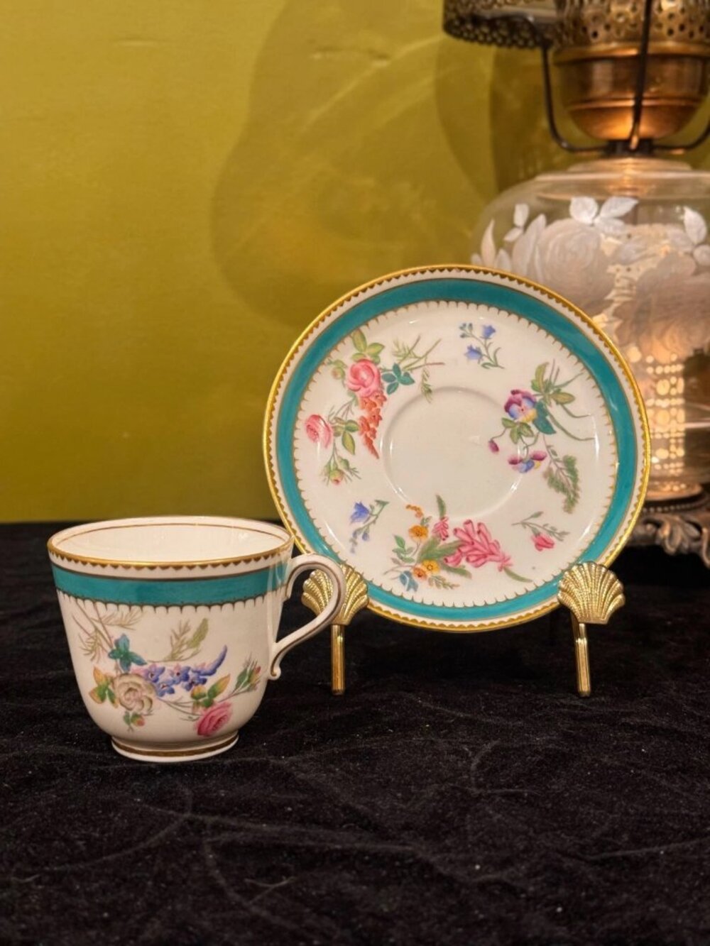 Antique 1890s Copeland Hand-Painted Turquoise Floral Bone China Teacup Saucer